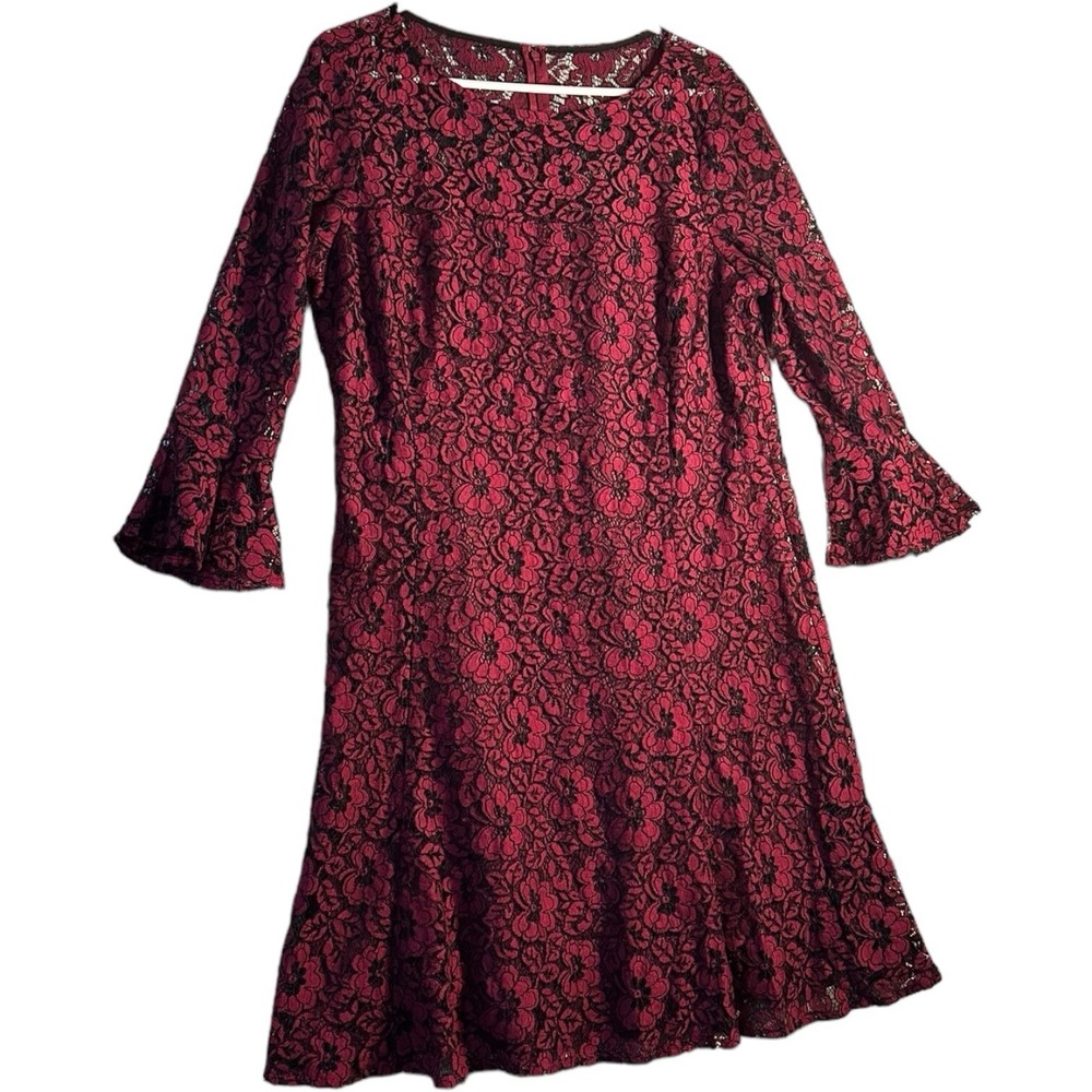AMERICAN LIVING‎ Burgundy/Black Lace BELL SLEEVE SHEATH DRESS Lined Size 16 XL